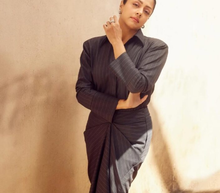 Jyotika's Confident Look in a Draped Skirt and Shoulder-Padded Shirt